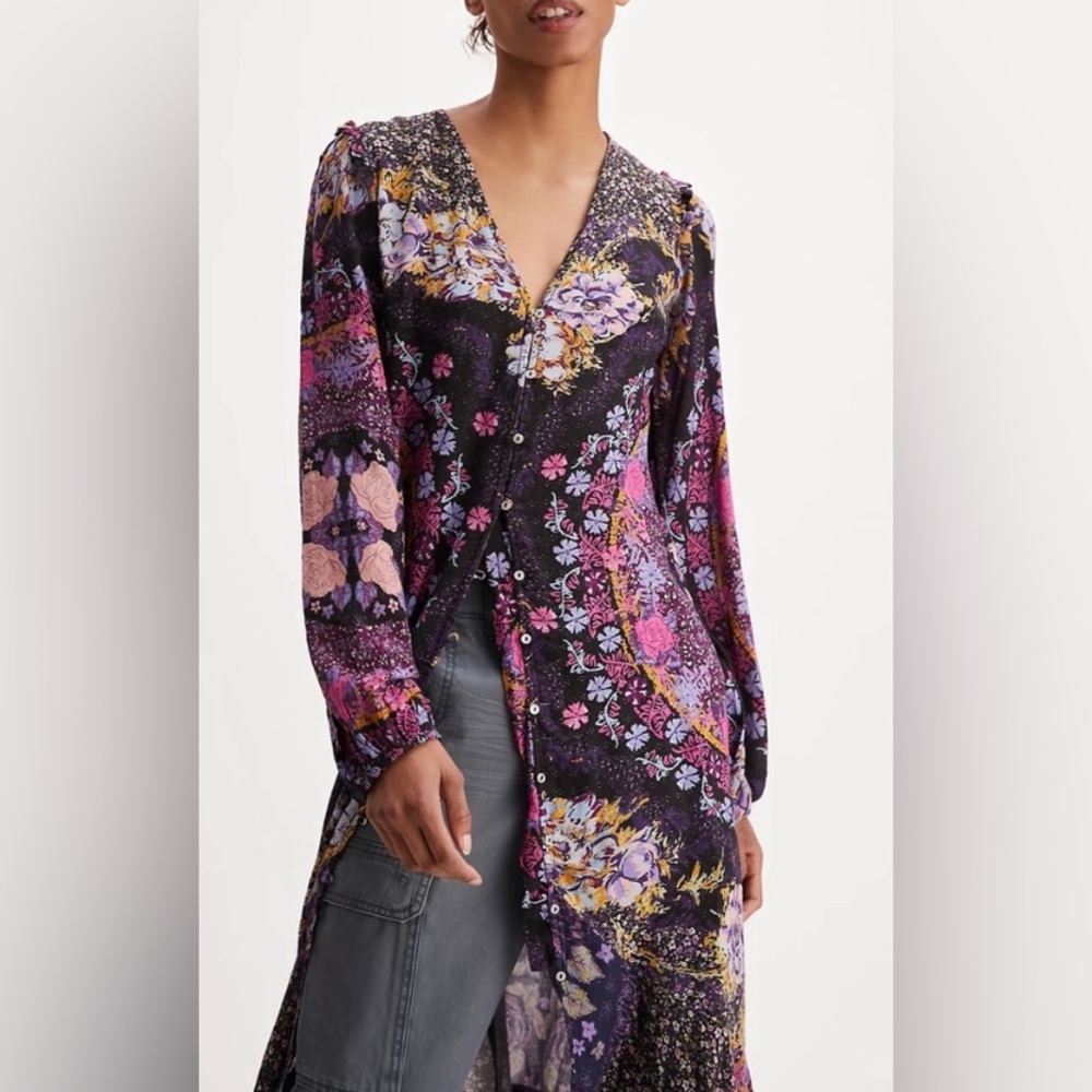 NWOT Free People Marais Printed Midi Dress Floral Hi Lo Black Purple Gold Pink - Picture 3 of 10